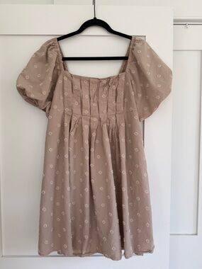 And Now This Puff Sleeve Mini Dress Beige Square Neck Smocked Small Coastal